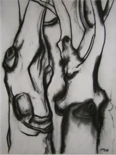 Mary Hrbacek, Close Call, charcoal on paper, 22 x 30, 1999 Courtesy of Elga